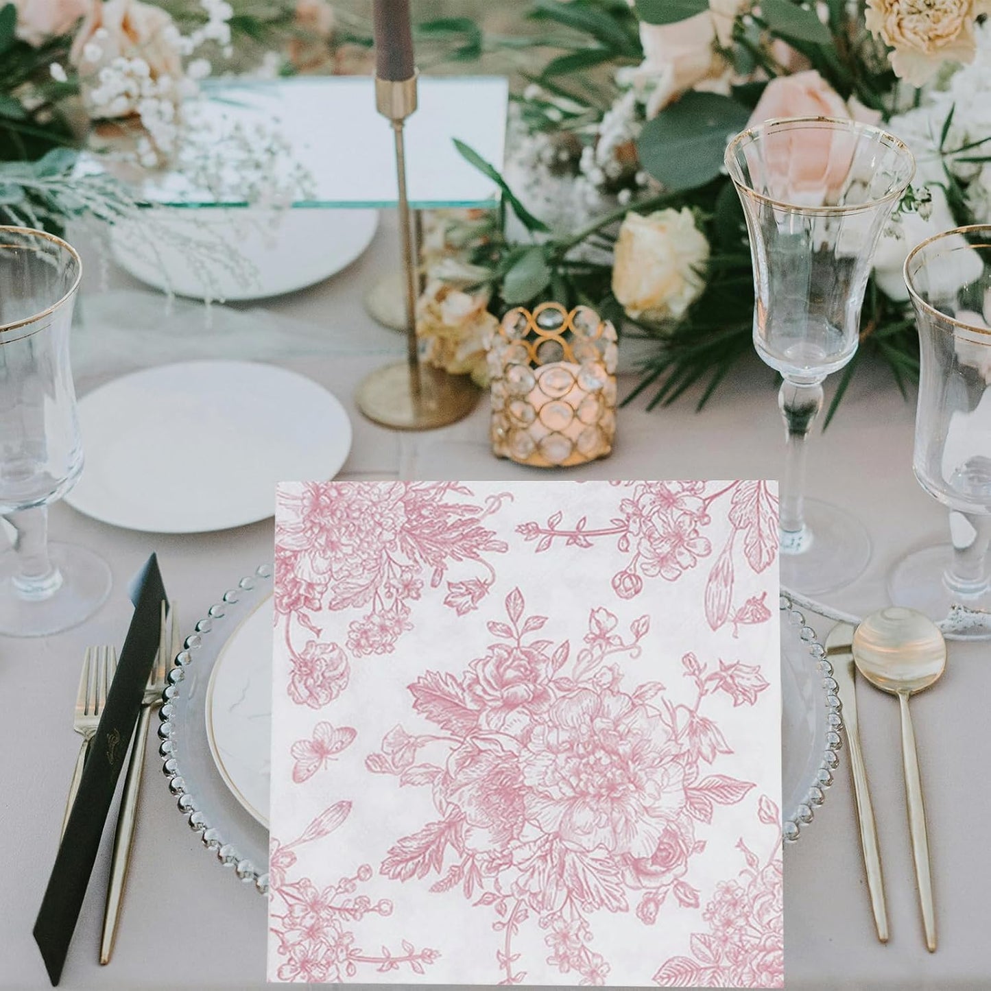 100 Pack Pink Floral Napkins, Cocktail Napkins Vintage Flower Butterfly Design, Paper Napkins for Wedding, Baby Shower, Birthday Party, 5 x 5 Inch