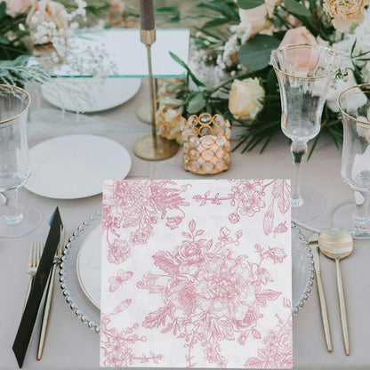 100 Pack Pink Floral Napkins, Cocktail Napkins Vintage Flower Butterfly Design, Paper Napkins for Wedding, Baby Shower, Birthday Party, 5 x 5 Inch