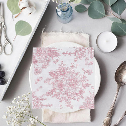 100 Pack Pink Floral Napkins, Cocktail Napkins Vintage Flower Butterfly Design, Paper Napkins for Wedding, Baby Shower, Birthday Party, 5 x 5 Inch