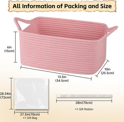 OIAHOMY Woven Basket, Gift Basket Empty with Gift Bags and Ribbons, Rope Baskets for Baby Showers, Storage Baskets with Handles for Nursery, Pet Toy Organizer - Pink