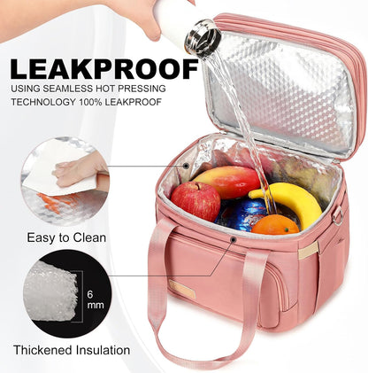 Lunch Box for Men Women - Double Deck Insulated Lunch Bag, Large Leak Proof Tote Cooler, Wide Open Dual Compartment Lunch Bags with Shoulder Strap, For Work Picnic Hiking Beach, Pink