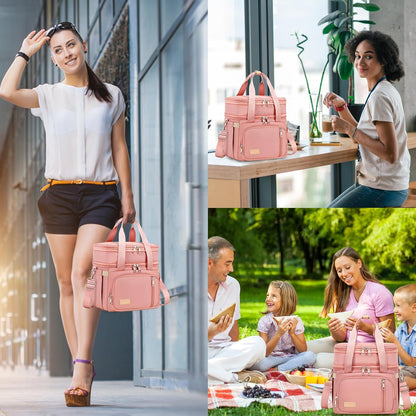 Lunch Box for Men Women - Double Deck Insulated Lunch Bag, Large Leak Proof Tote Cooler, Wide Open Dual Compartment Lunch Bags with Shoulder Strap, For Work Picnic Hiking Beach, Pink