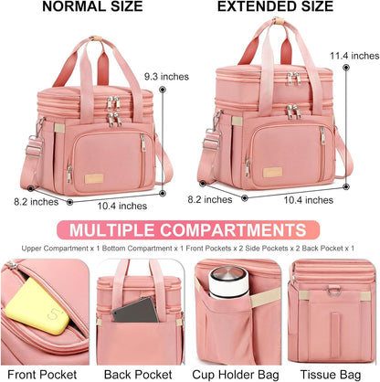 Lunch Box for Men Women - Double Deck Insulated Lunch Bag, Large Leak Proof Tote Cooler, Wide Open Dual Compartment Lunch Bags with Shoulder Strap, For Work Picnic Hiking Beach, Pink
