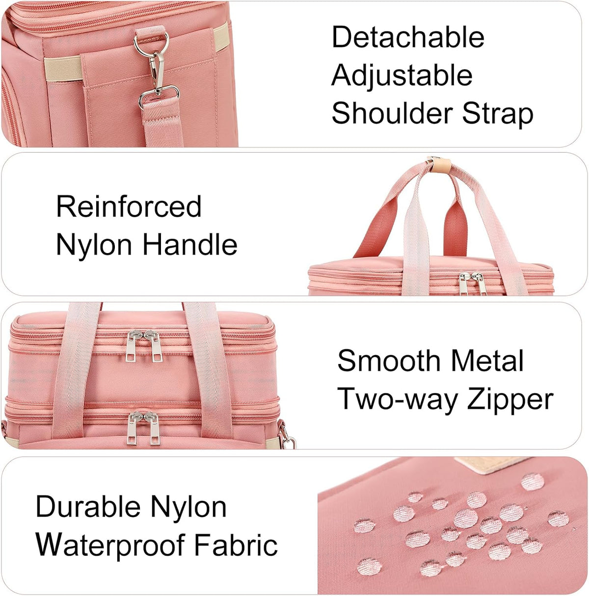 Lunch Box for Men Women - Double Deck Insulated Lunch Bag, Large Leak Proof Tote Cooler, Wide Open Dual Compartment Lunch Bags with Shoulder Strap, For Work Picnic Hiking Beach, Pink
