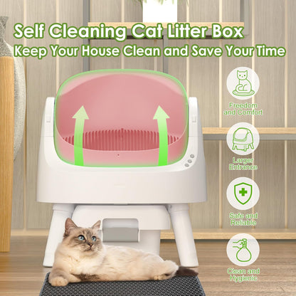 Self Cleaning Cat Litter Box, Large Capacity Automatic Cat Litter Box for Multiple Cats, White with Pink