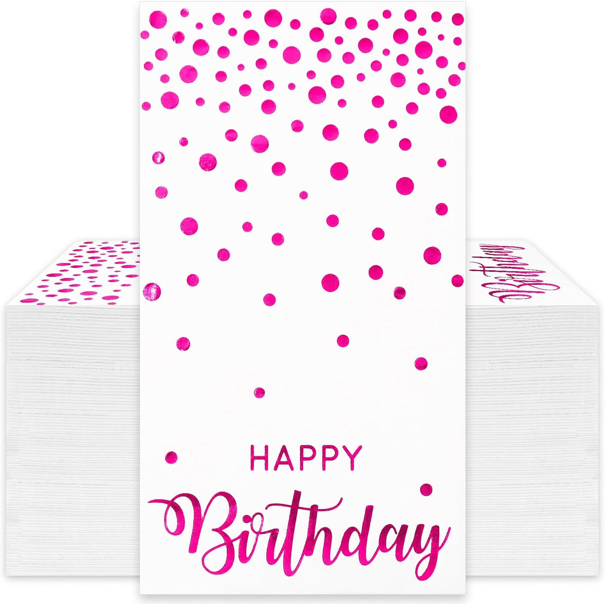 50Pcs Happy Birthday Guest Napkins Hot Pink Foil Dots Birthday Disposable Paper Napkins Dinner Hand Towel for Mother's Day Party Bathroom Table Decorations