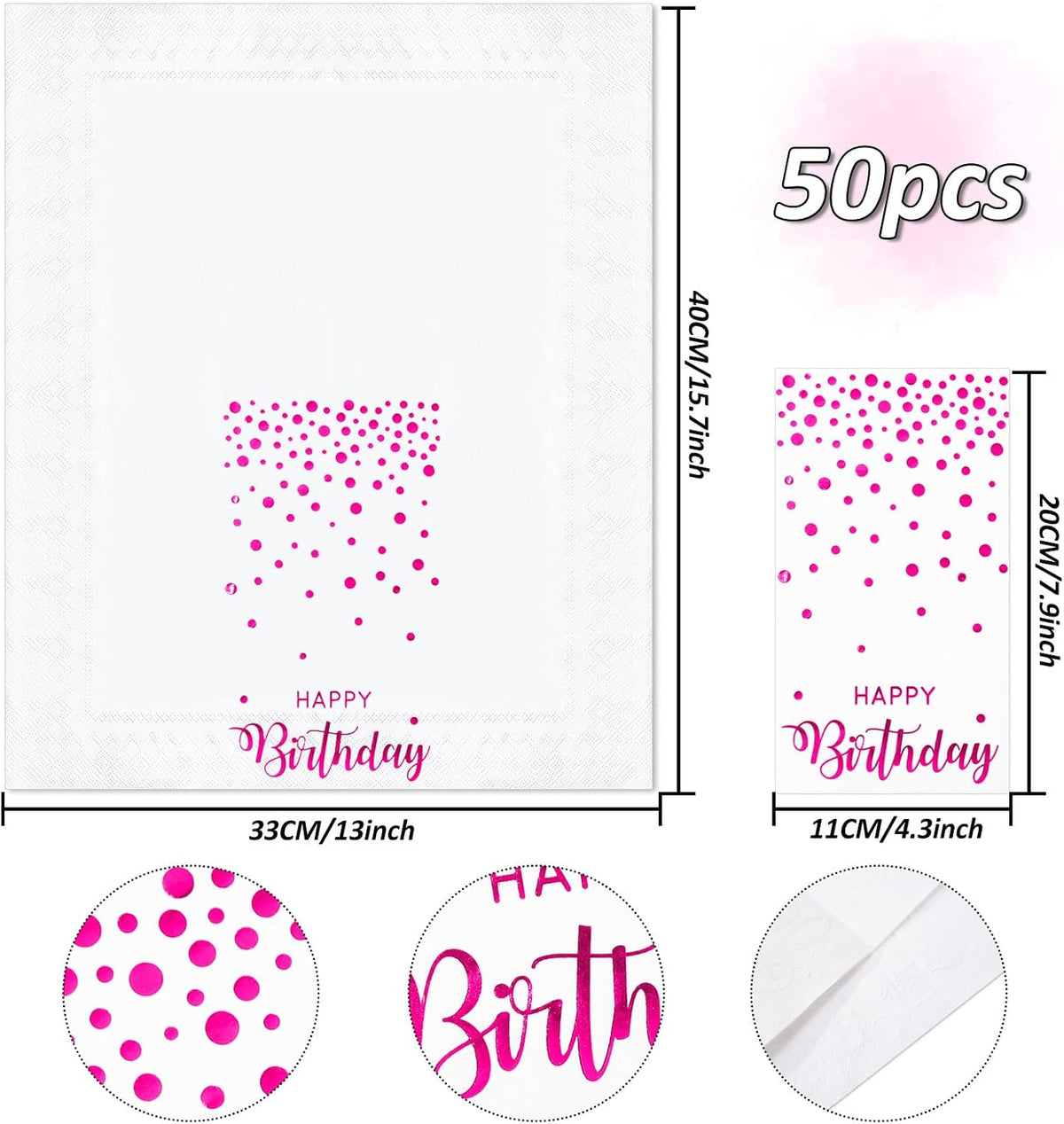 50Pcs Happy Birthday Guest Napkins Hot Pink Foil Dots Birthday Disposable Paper Napkins Dinner Hand Towel for Mother's Day Party Bathroom Table Decorations