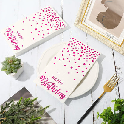 50Pcs Happy Birthday Guest Napkins Hot Pink Foil Dots Birthday Disposable Paper Napkins Dinner Hand Towel for Mother's Day Party Bathroom Table Decorations