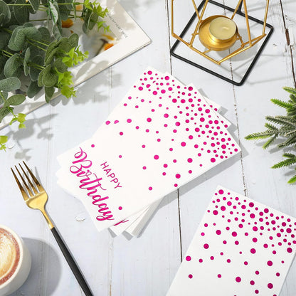 50Pcs Happy Birthday Guest Napkins Hot Pink Foil Dots Birthday Disposable Paper Napkins Dinner Hand Towel for Mother's Day Party Bathroom Table Decorations