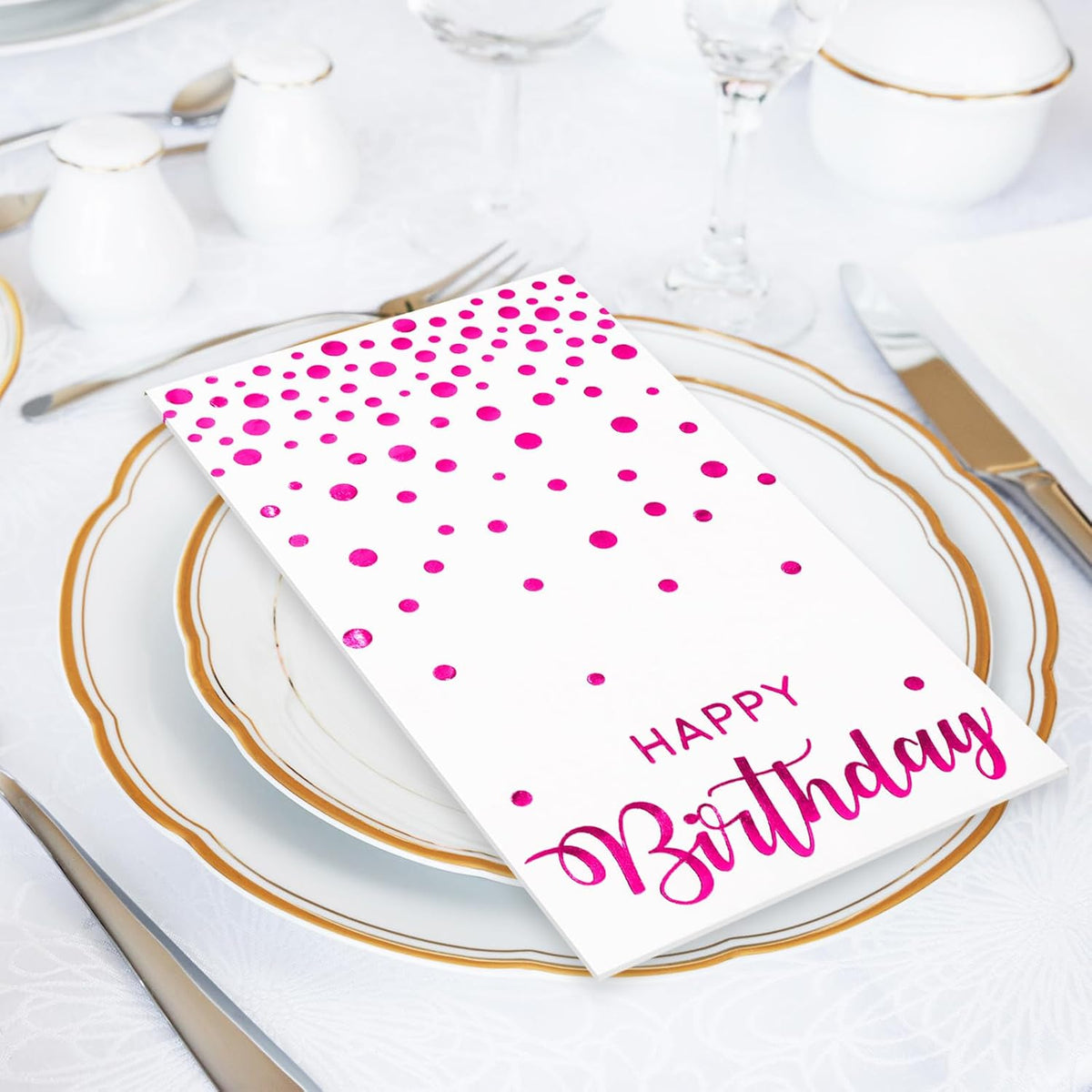 50Pcs Happy Birthday Guest Napkins Hot Pink Foil Dots Birthday Disposable Paper Napkins Dinner Hand Towel for Mother's Day Party Bathroom Table Decorations