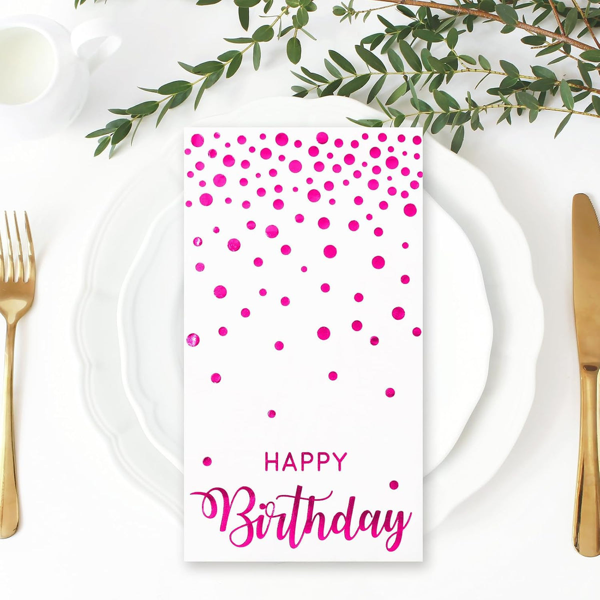 50Pcs Happy Birthday Guest Napkins Hot Pink Foil Dots Birthday Disposable Paper Napkins Dinner Hand Towel for Mother's Day Party Bathroom Table Decorations