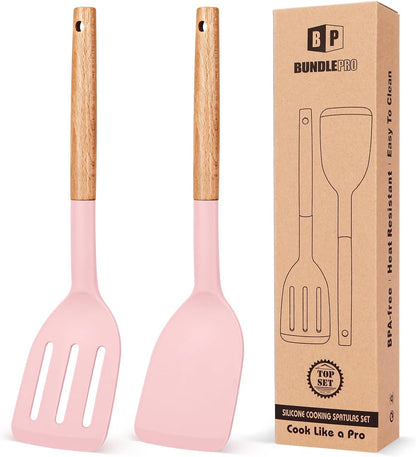 Silicone Spatula, Solid & Slotted Turner, BPA-Free, 2 Pack, Pink