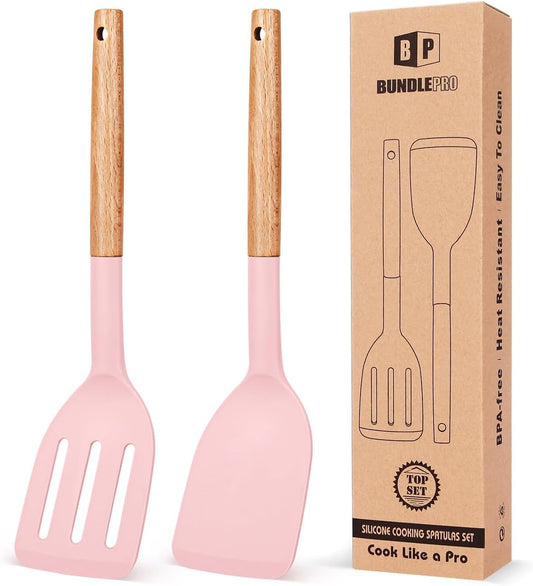 Silicone Spatula, Solid & Slotted Turner, BPA-Free, 2 Pack, Pink
