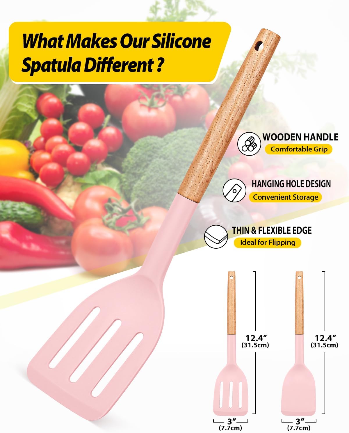 Silicone Spatula, Solid & Slotted Turner, BPA-Free, 2 Pack, Pink