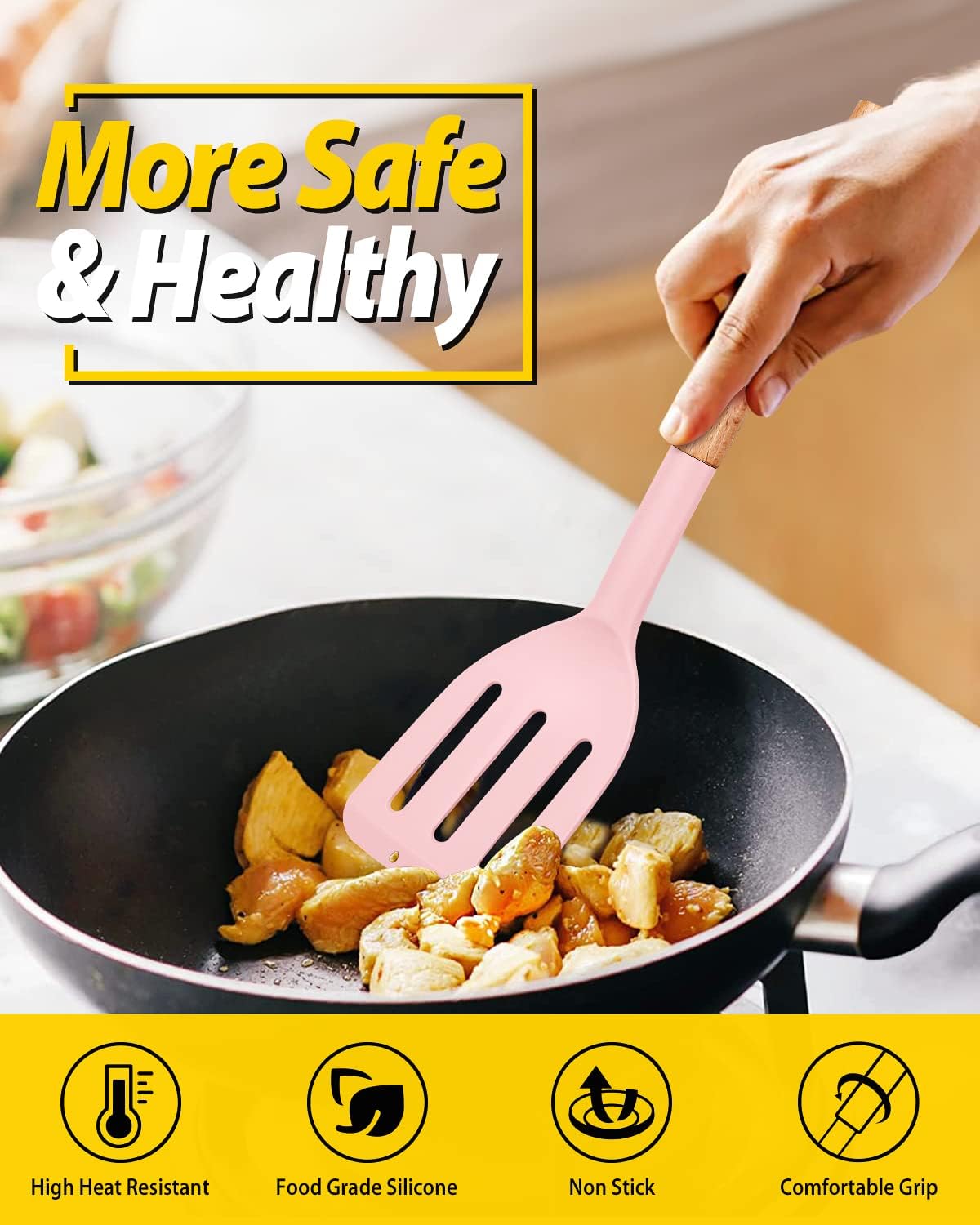 Silicone Spatula, Solid & Slotted Turner, BPA-Free, 2 Pack, Pink