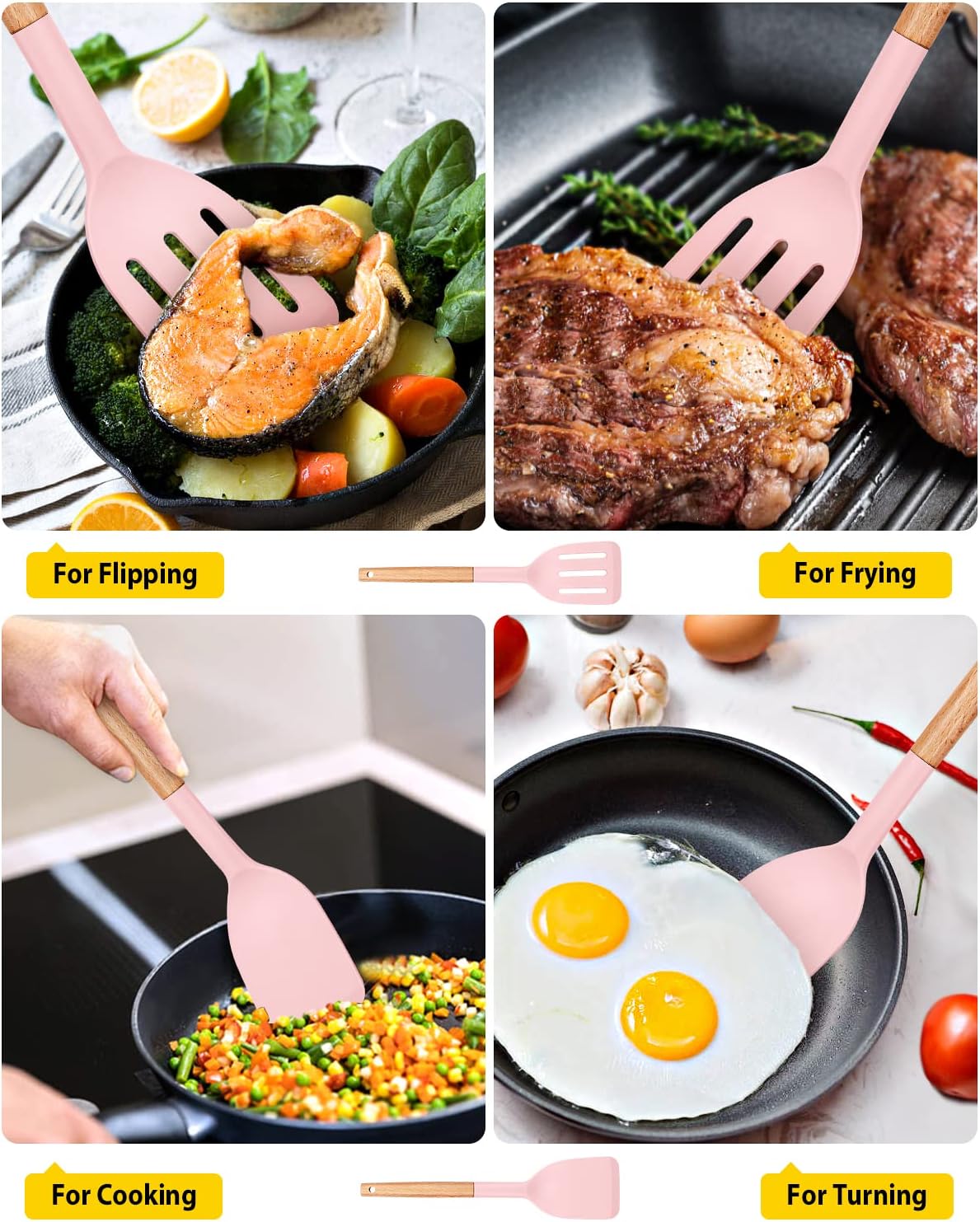 Silicone Spatula, Solid & Slotted Turner, BPA-Free, 2 Pack, Pink