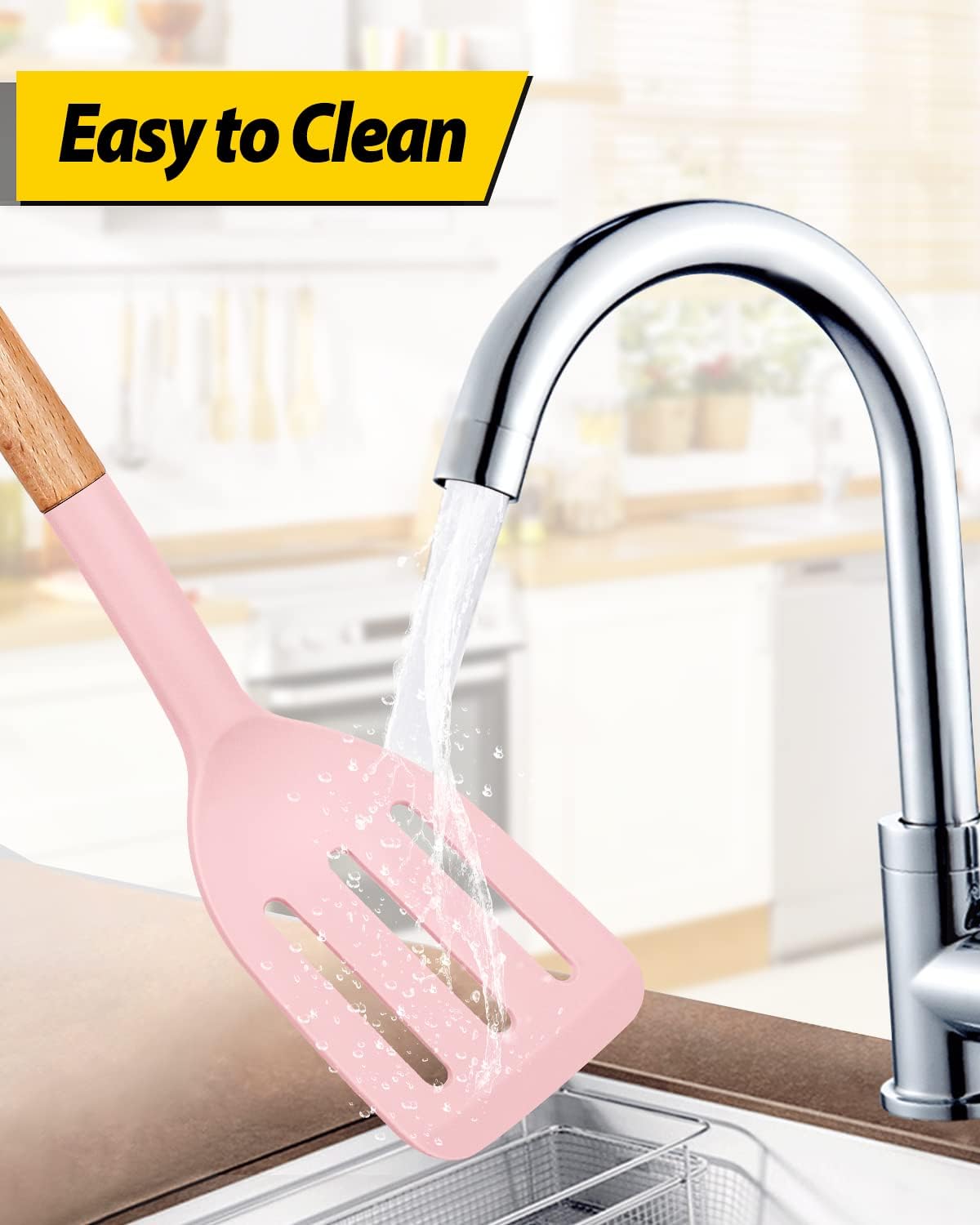 Silicone Spatula, Solid & Slotted Turner, BPA-Free, 2 Pack, Pink