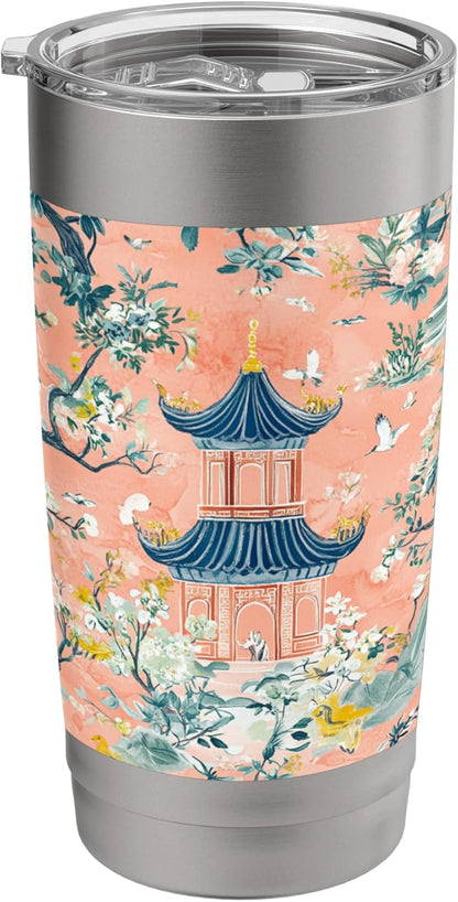 Preppy Peach Floral Pagoda Willow Pattern Toile Chinoiserie Stainless Steel Insulated Tumbler