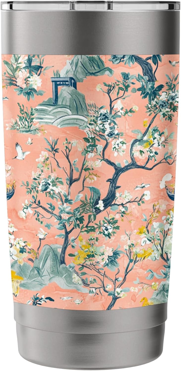 Preppy Peach Floral Pagoda Willow Pattern Toile Chinoiserie Stainless Steel Insulated Tumbler