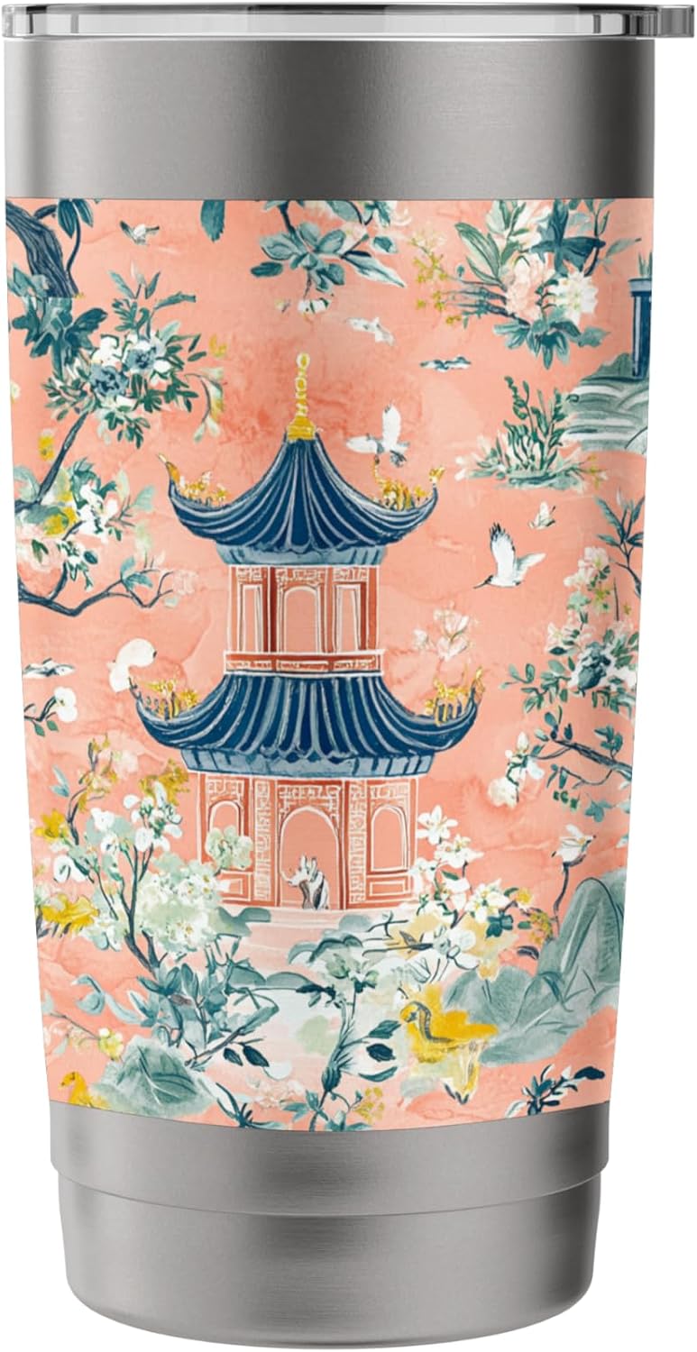 Preppy Peach Floral Pagoda Willow Pattern Toile Chinoiserie Stainless Steel Insulated Tumbler