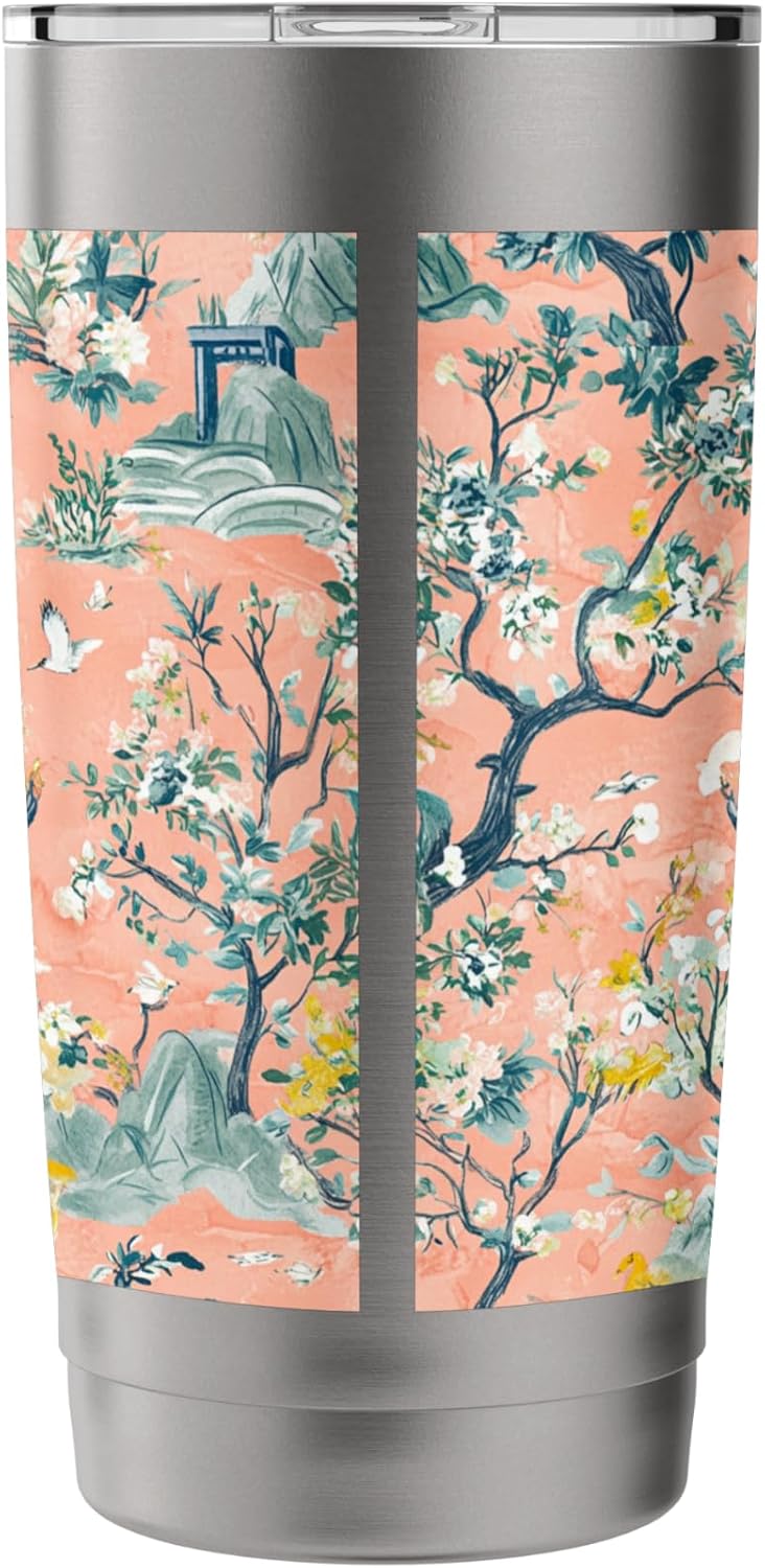 Preppy Peach Floral Pagoda Willow Pattern Toile Chinoiserie Stainless Steel Insulated Tumbler