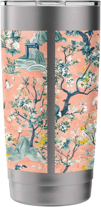 Preppy Peach Floral Pagoda Willow Pattern Toile Chinoiserie Stainless Steel Insulated Tumbler