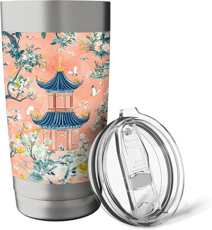 Preppy Peach Floral Pagoda Willow Pattern Toile Chinoiserie Stainless Steel Insulated Tumbler