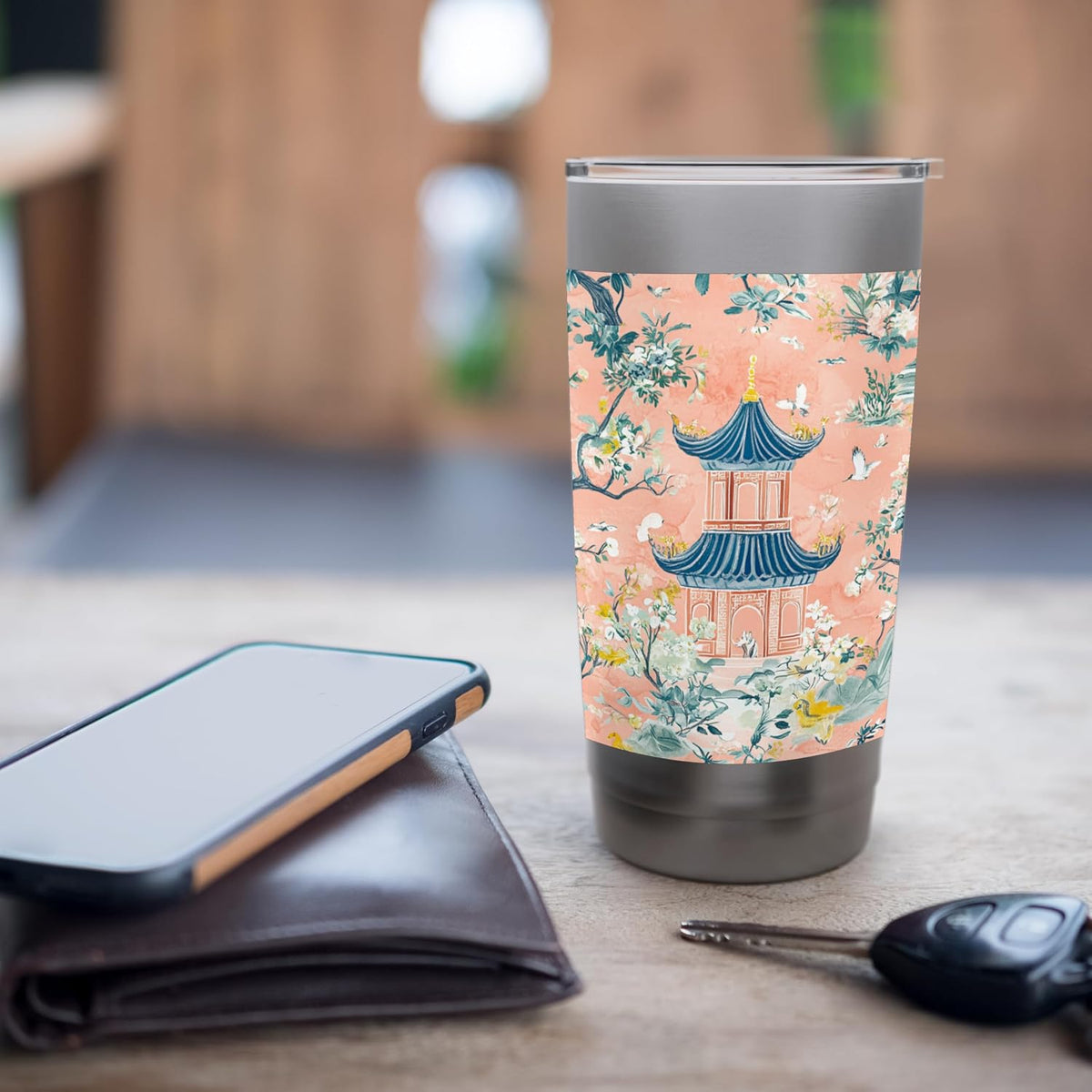 Preppy Peach Floral Pagoda Willow Pattern Toile Chinoiserie Stainless Steel Insulated Tumbler