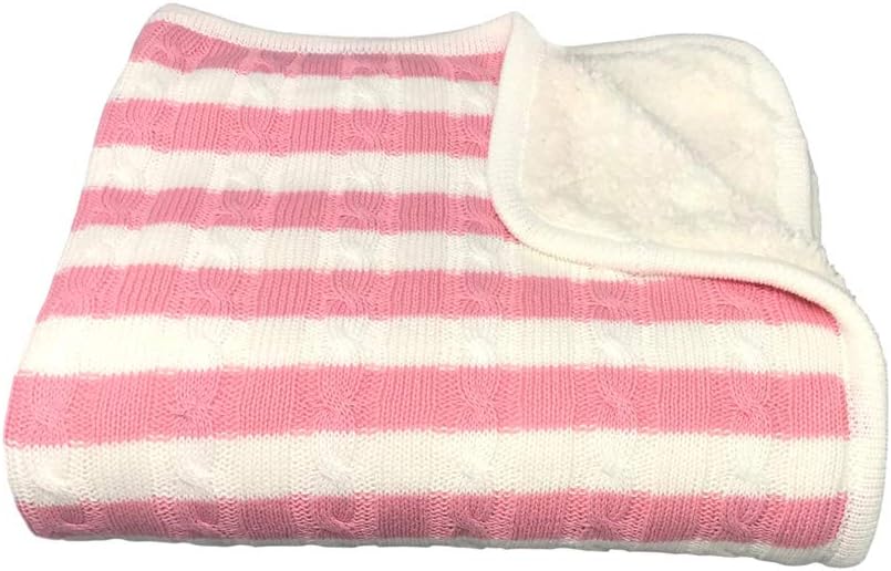 Magnolia Cable Knit and Sherpa Baby Blanket (Peach Pink Stripe)