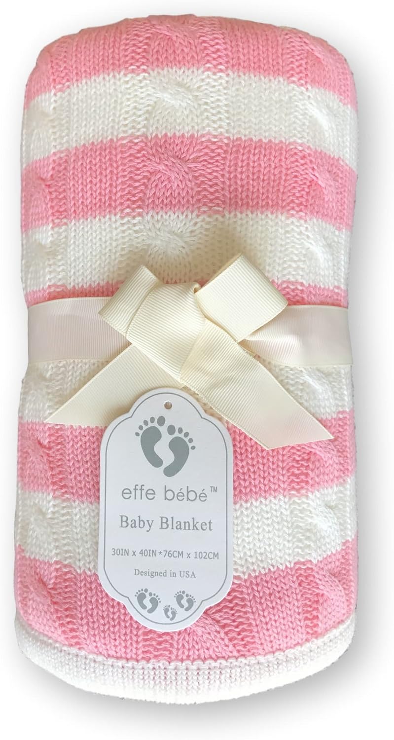 Magnolia Cable Knit and Sherpa Baby Blanket (Peach Pink Stripe)