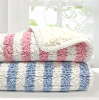 Magnolia Cable Knit and Sherpa Baby Blanket (Peach Pink Stripe)