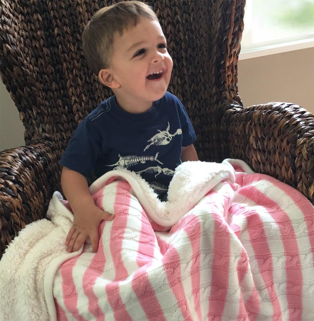 Magnolia Cable Knit and Sherpa Baby Blanket (Peach Pink Stripe)