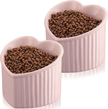 2 Pcs Ceramic Elevated Cat Bowls Tilted Elevated Raised Pet Bowls Anti Vomit Cat Dish for Indoor Stress Free Water Dish Feeder for Puppies, Heart Shaped(Pink)
