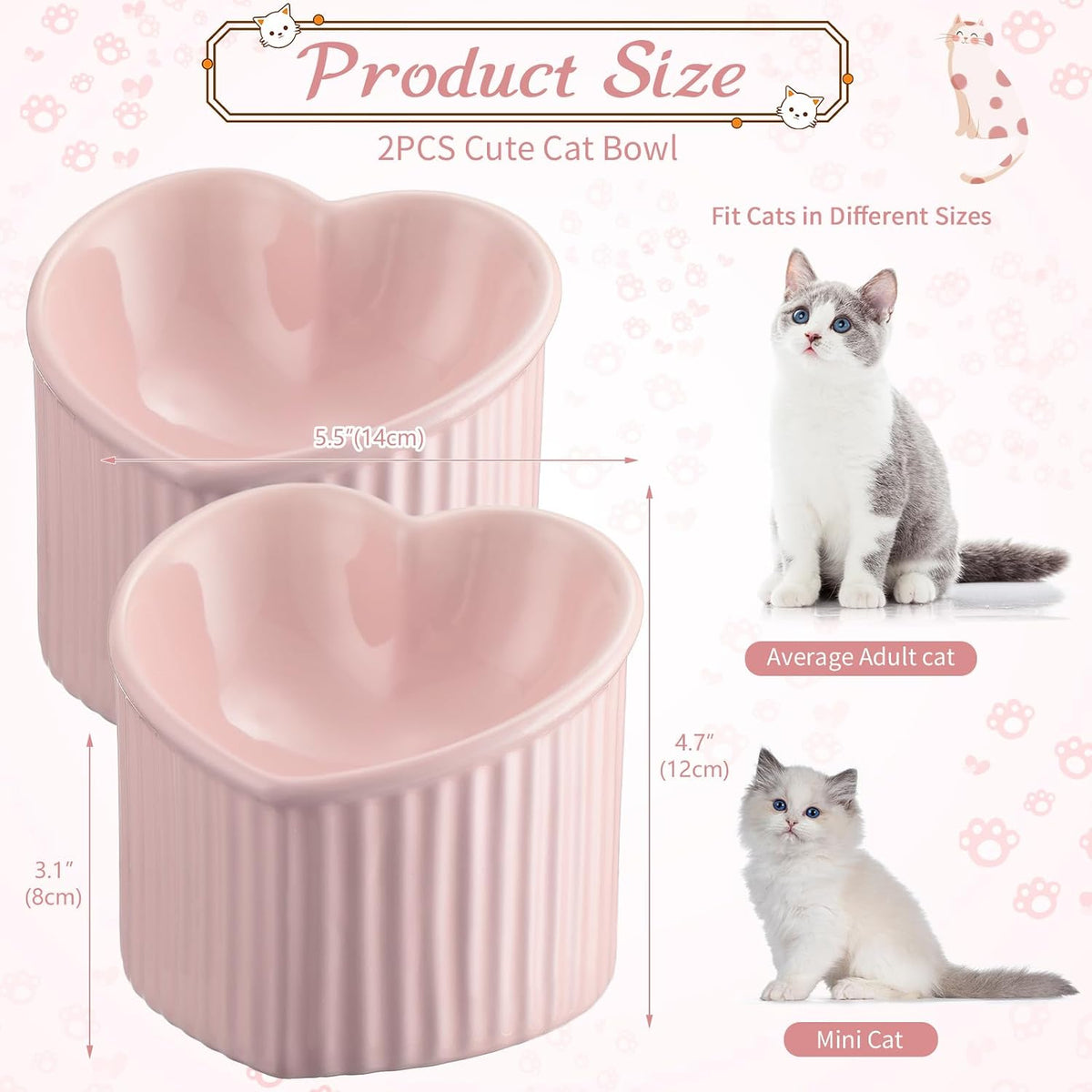 2 Pcs Ceramic Elevated Cat Bowls Tilted Elevated Raised Pet Bowls Anti Vomit Cat Dish for Indoor Stress Free Water Dish Feeder for Puppies, Heart Shaped(Pink)