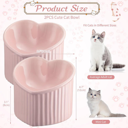 2 Pcs Ceramic Elevated Cat Bowls Tilted Elevated Raised Pet Bowls Anti Vomit Cat Dish for Indoor Stress Free Water Dish Feeder for Puppies, Heart Shaped(Pink)