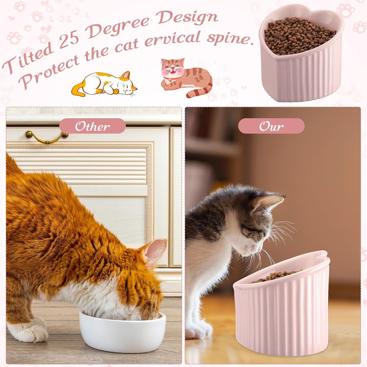 2 Pcs Ceramic Elevated Cat Bowls Tilted Elevated Raised Pet Bowls Anti Vomit Cat Dish for Indoor Stress Free Water Dish Feeder for Puppies, Heart Shaped(Pink)