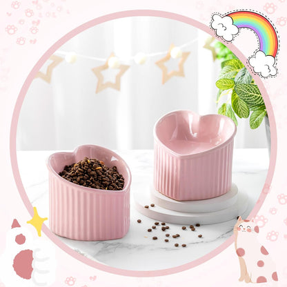 2 Pcs Ceramic Elevated Cat Bowls Tilted Elevated Raised Pet Bowls Anti Vomit Cat Dish for Indoor Stress Free Water Dish Feeder for Puppies, Heart Shaped(Pink)