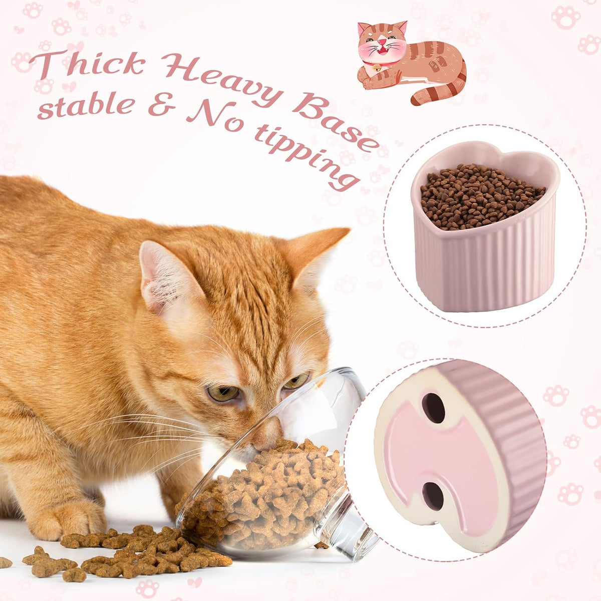 2 Pcs Ceramic Elevated Cat Bowls Tilted Elevated Raised Pet Bowls Anti Vomit Cat Dish for Indoor Stress Free Water Dish Feeder for Puppies, Heart Shaped(Pink)