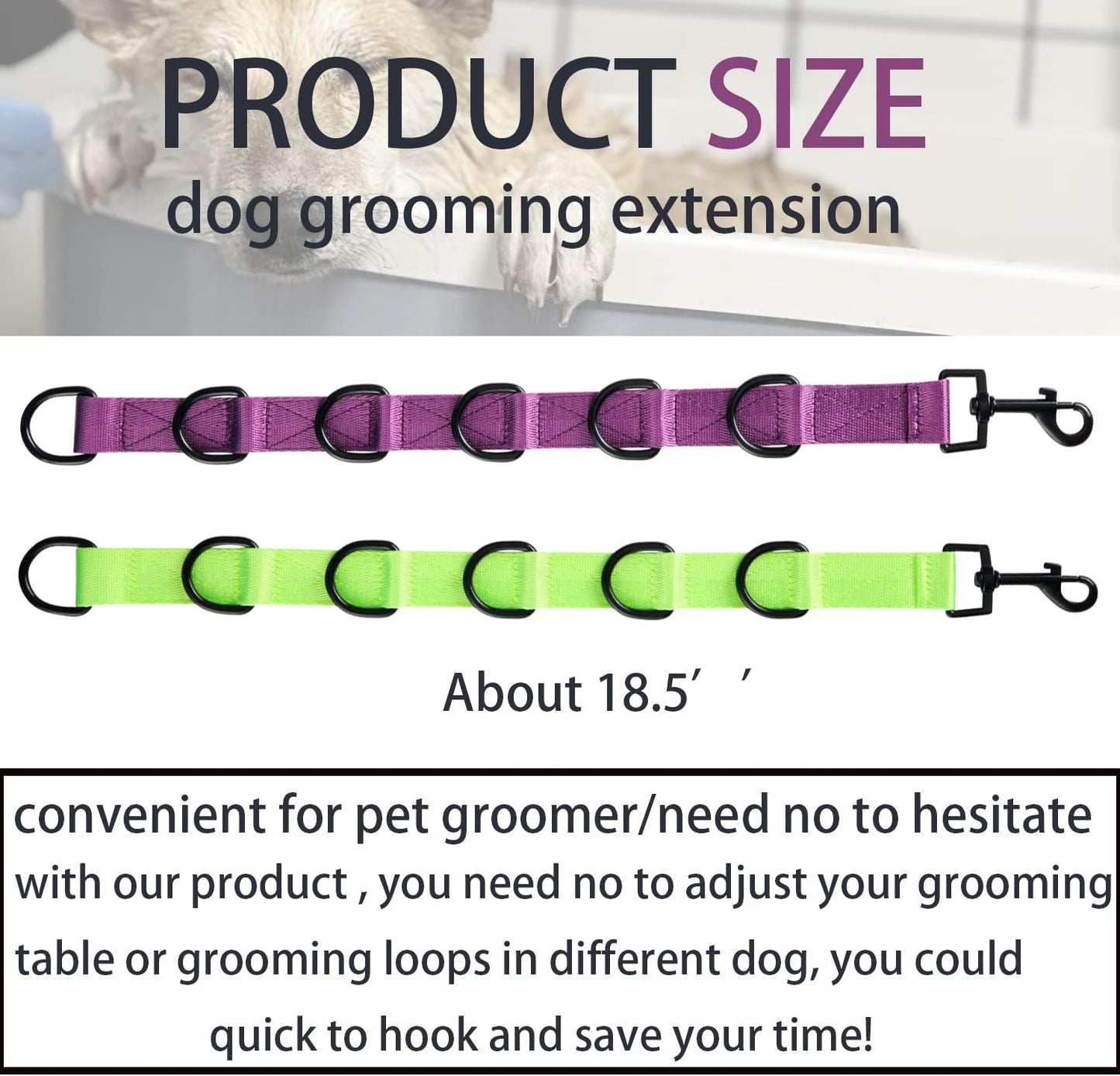 Dog Grooming Loops Extension Strap 2 PCS 6 D-Ring Dogs Grooming Table Arm Extender Straps Groom Restranit Noose Leash Quick Release Loop for Pets Salon (Purple & Green)