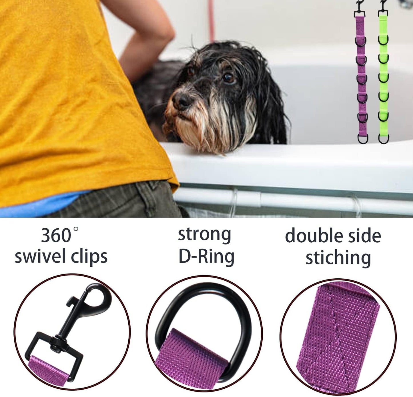 Dog Grooming Loops Extension Strap 2 PCS 6 D-Ring Dogs Grooming Table Arm Extender Straps Groom Restranit Noose Leash Quick Release Loop for Pets Salon (Purple & Green)