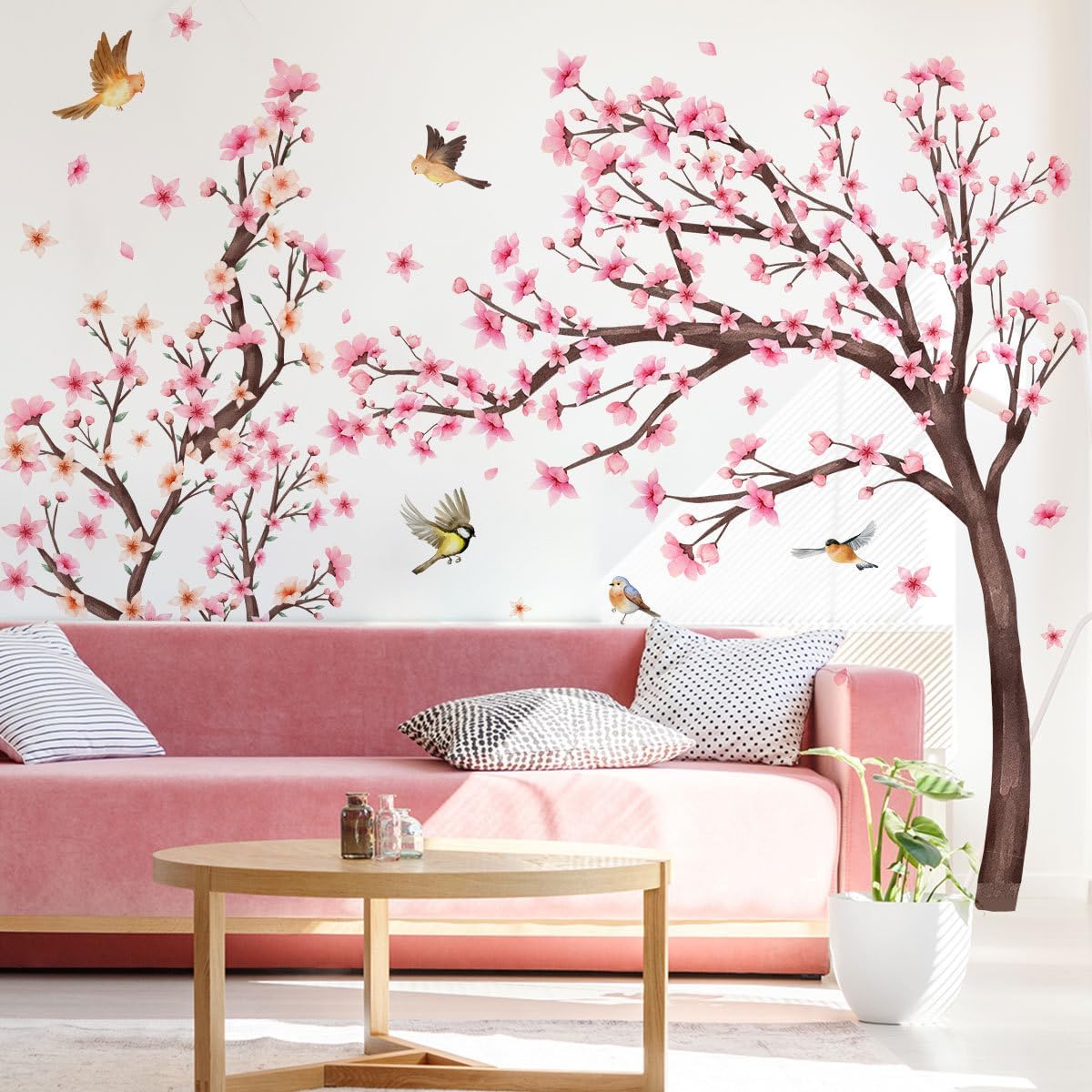 Pink Cherry Blossom Floral Birds Wall Decals Large Cherry Blossom Tree Branch Wall Stickers for Sofa TV Background Wall Decor Bedroom Living Room 67.32x42.91inch
