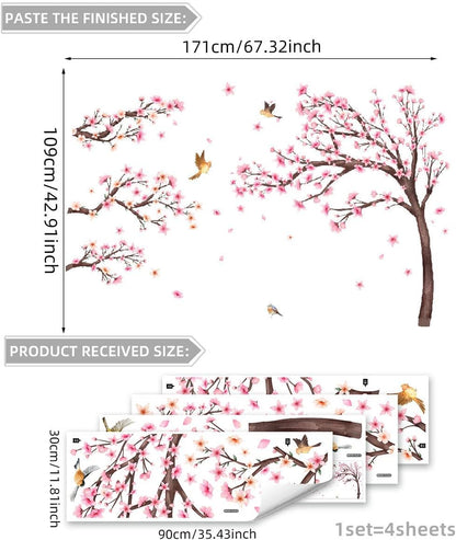 Pink Cherry Blossom Floral Birds Wall Decals Large Cherry Blossom Tree Branch Wall Stickers for Sofa TV Background Wall Decor Bedroom Living Room 67.32x42.91inch