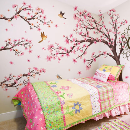 Pink Cherry Blossom Floral Birds Wall Decals Large Cherry Blossom Tree Branch Wall Stickers for Sofa TV Background Wall Decor Bedroom Living Room 67.32x42.91inch