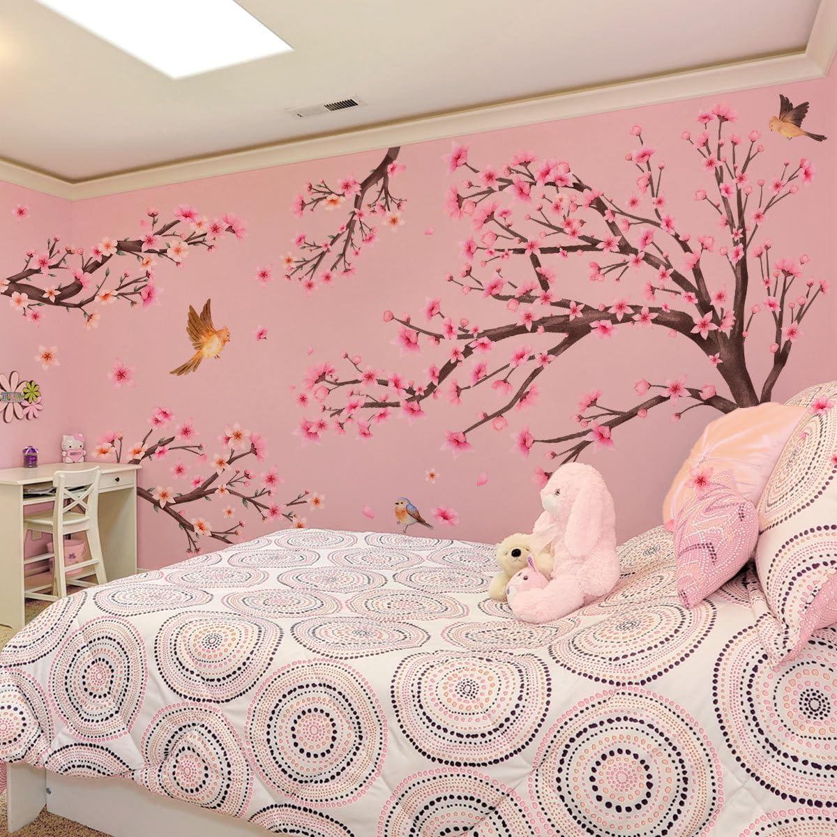 Pink Cherry Blossom Floral Birds Wall Decals Large Cherry Blossom Tree Branch Wall Stickers for Sofa TV Background Wall Decor Bedroom Living Room 67.32x42.91inch