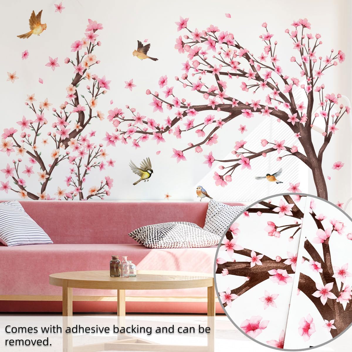 Pink Cherry Blossom Floral Birds Wall Decals Large Cherry Blossom Tree Branch Wall Stickers for Sofa TV Background Wall Decor Bedroom Living Room 67.32x42.91inch