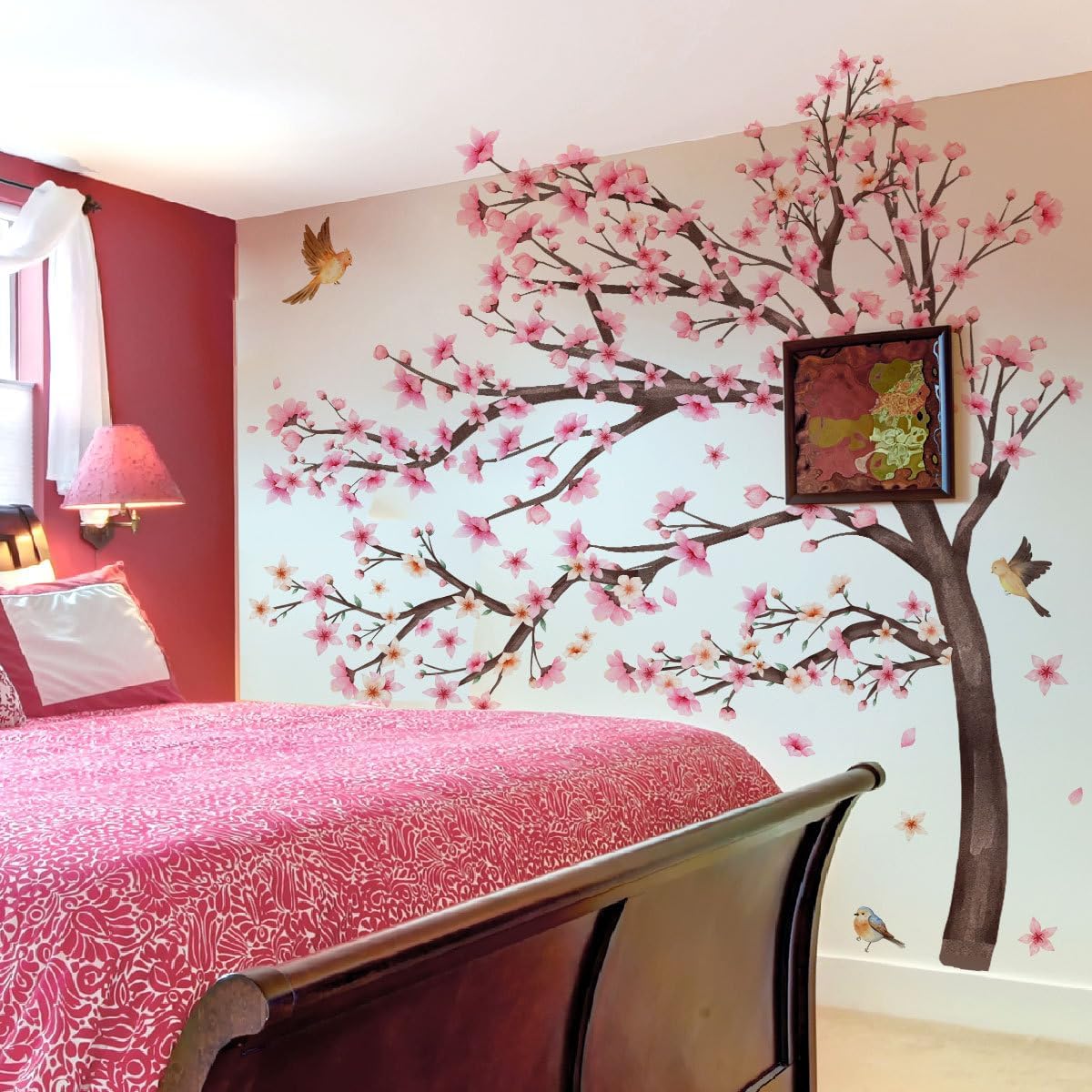 Pink Cherry Blossom Floral Birds Wall Decals Large Cherry Blossom Tree Branch Wall Stickers for Sofa TV Background Wall Decor Bedroom Living Room 67.32x42.91inch