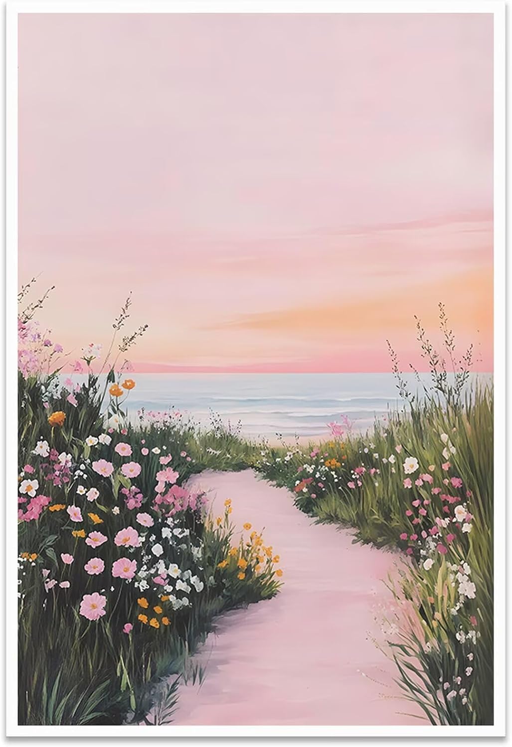 Pink Coastal Wildflower Wall Art Ocean Sunset Poster 12x16in Unframed