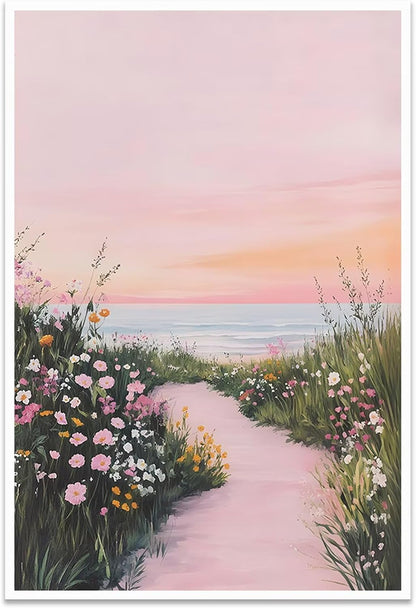 Pink Coastal Wildflower Wall Art Ocean Sunset Poster 12x16in Unframed