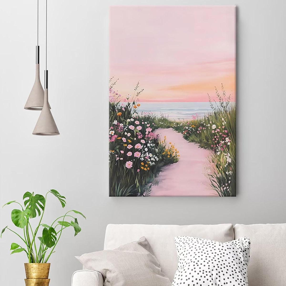 Pink Coastal Wildflower Wall Art Ocean Sunset Poster 12x16in Unframed