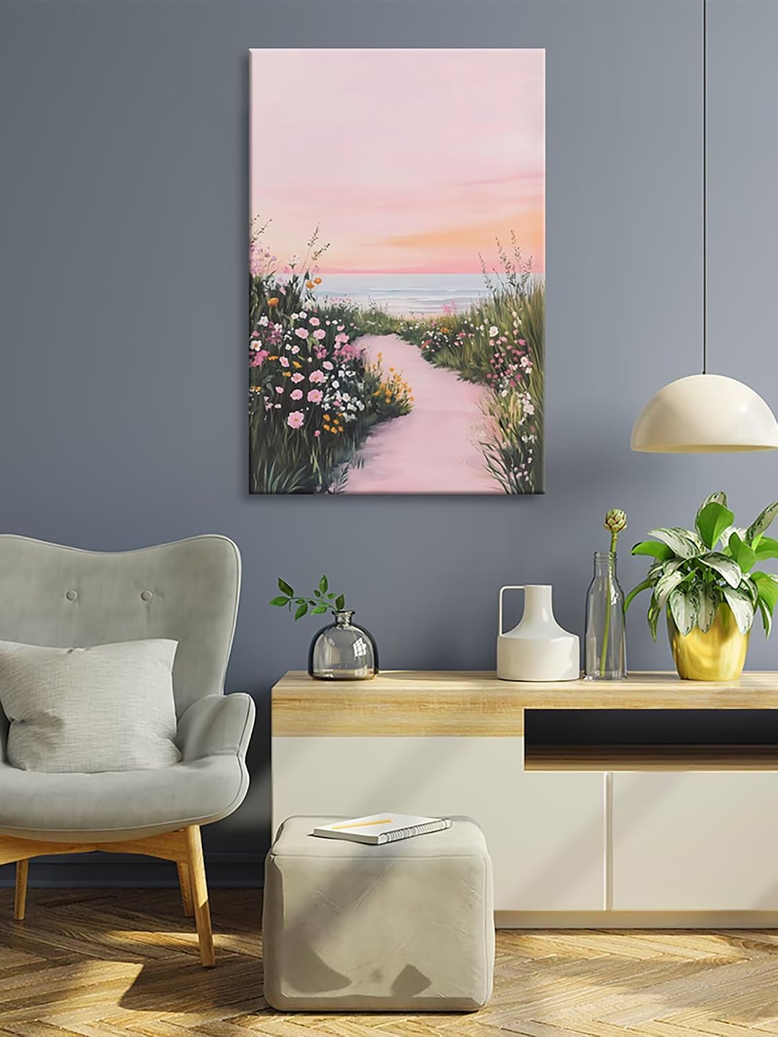 Pink Coastal Wildflower Wall Art Ocean Sunset Poster 12x16in Unframed